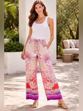 ANTONIO MELANI Pink, Cream & Purple Wide-Leg Printed Palazzo Pants